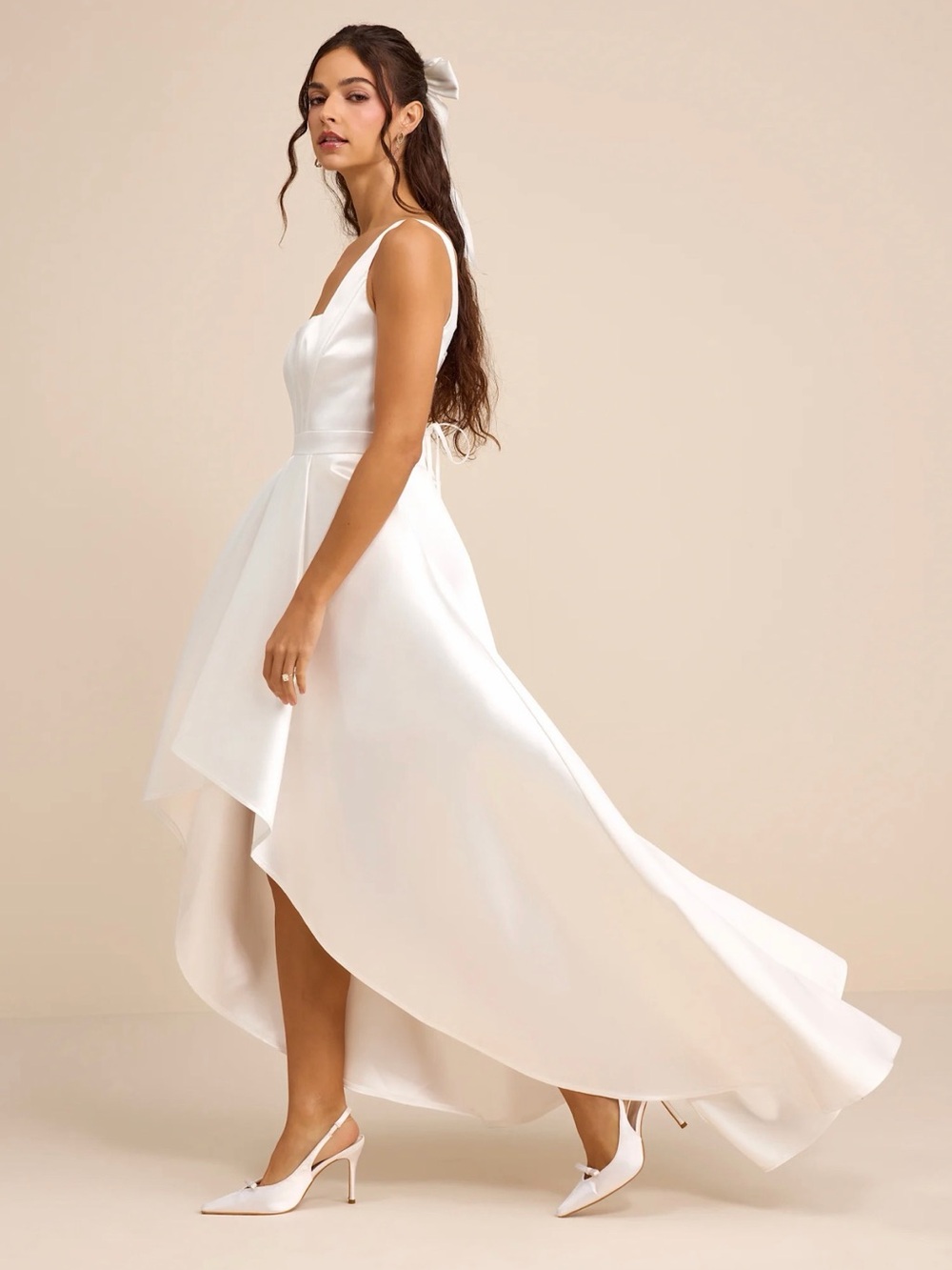 Satin Ivory High-Low V-Neck Dress
